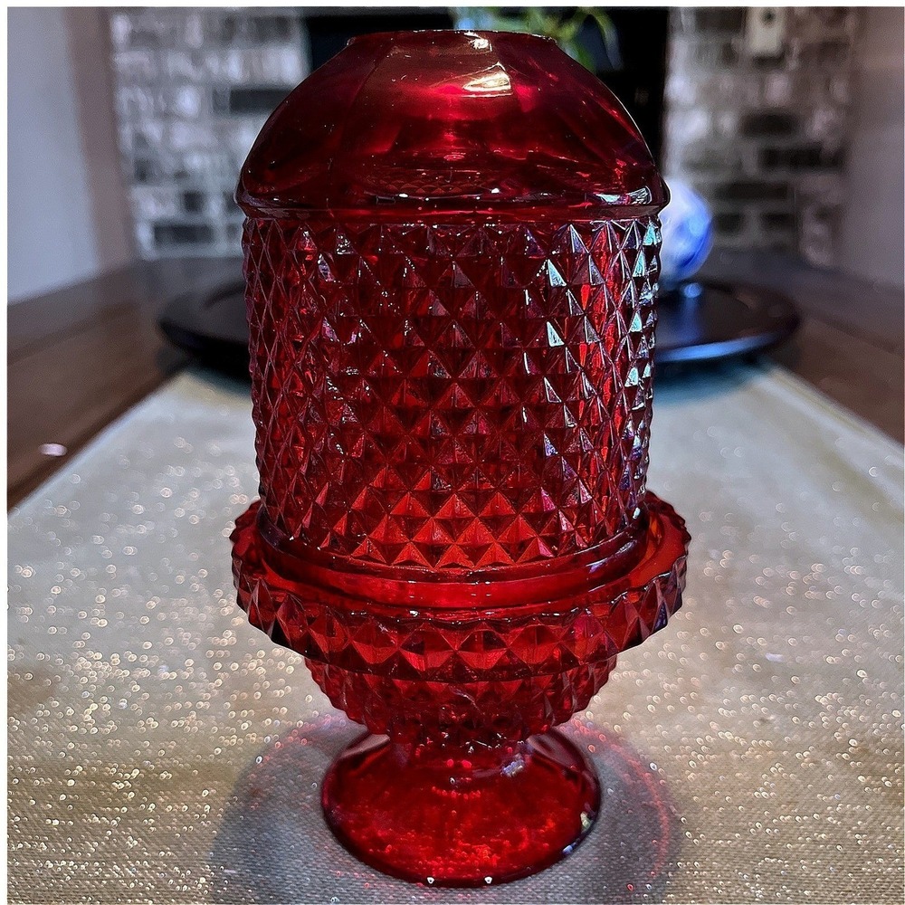 Vintage Viking Diamond Point Ruby Red Amberina UV Reactive Fairy Lamp~read